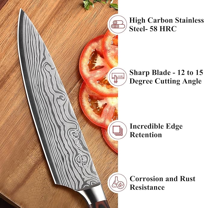 8 Inch Chef Knife - Ultra Sharp Vegetable Kitchen Knife | 12-15 Degree Edge for Meat Cutting Japanese Style, High Carbon Stainless Steel, Pakkawood Handle & Sheath, Cooking & BBQ Gift