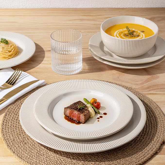 GBHOME Ceramic Dinnerware Sets of 4,12 pcs Plates and Bowls Sets Dishes | Embossed Elegant Stoneware Dishes Set | Dishwasher & Microwave Safe | Service for 4
