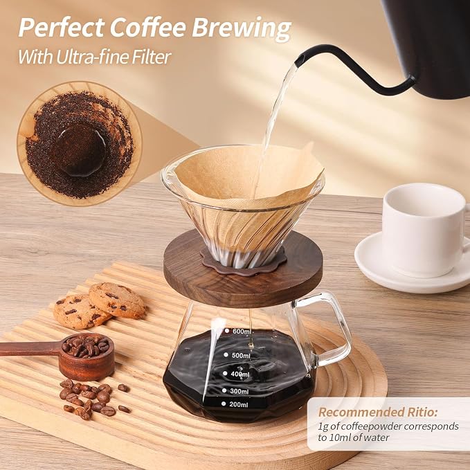 Pour Over Coffee Maker 20 OZ, 6 Cup Borosilicate Glass Drip Coffee Maker with 40 pcs V60 Paper Filter and Walnut Grip for Home Café 600 ML