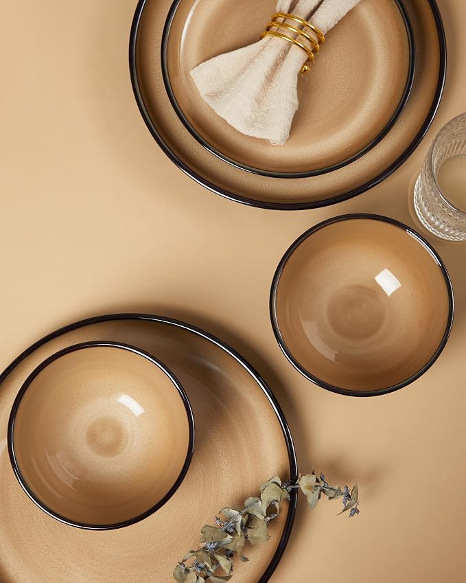 Santorini Mist Terracotta Reactive Glaze Plates and Bowls Sets, Stoneware Dinnerware Sets, Microwave and Dishwasher Safe Ceramic Dish Set Service for 4, Mocha Brown