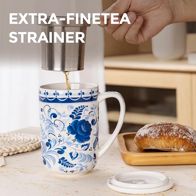 GBhome Tea Mug with Infuser and Lid,18 Ounce Ceramic Loose Leaf Cup Steeper | Lead-Free Glaze For Tea Lovers,Microwave & Dishwasher Safe with Tea Strainer