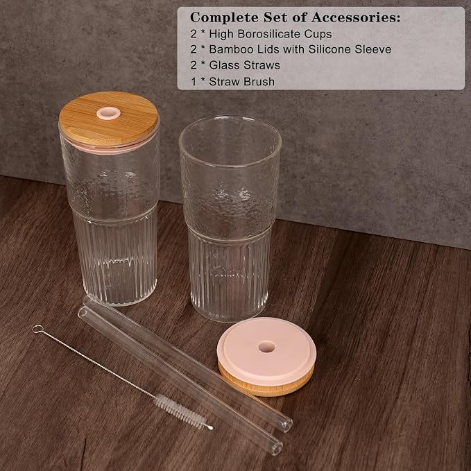 ANOTION 2Pcs 22 oz Iced Coffee Cups Drinking Glasses Iced Coffee Cup | Reusable Smoothie Cup Glass Tumbler Water Glasses Ribbed Glassware