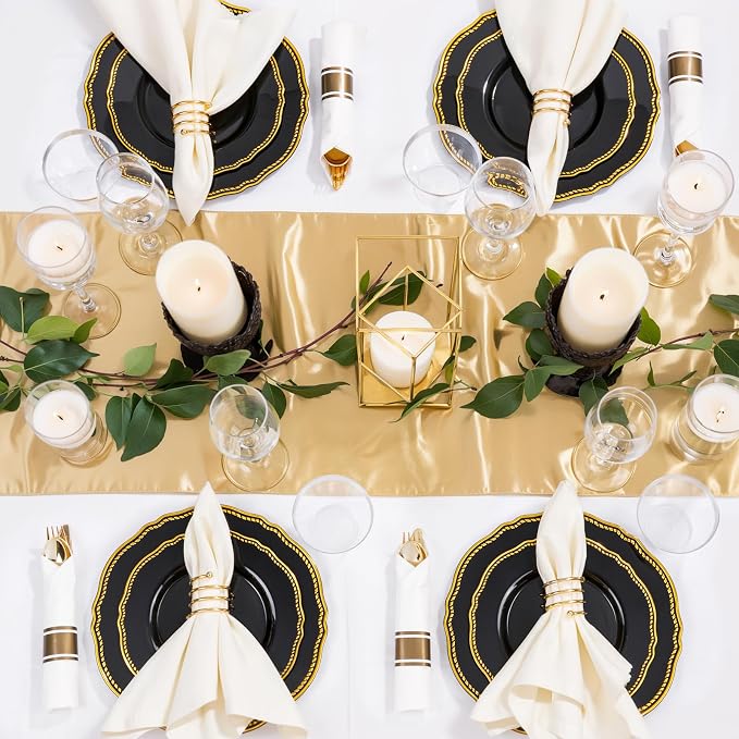 175 Pcs Black and Gold Plastic Plates Wedding & Party | Gold Plastic Dinnerware Set Includes 25 Dinner Plates, 25 Dessert Dinnerware, 25 Cups, 25 Napkins Perfect
