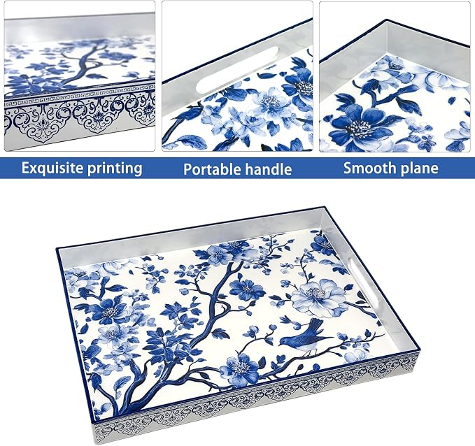 Serving Tray with Handles, 15.7 * 11.8 inches, Plastic Ottoman Tray with Exquisite Paintings, Trays for Coffee Table