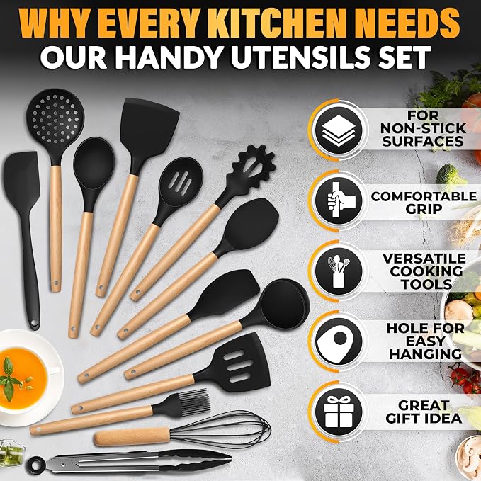 14 Pcs Black Kitchen Utensils Set with Holder for Nonstick Cookware | Silicone Cooking Utensils Set for BBQ; Heat-Resistant Tools with Wooden Handles for Baking, Serving, Frying, and Mixing