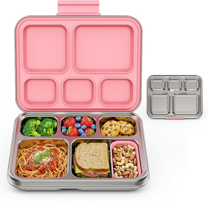 Pawtong Stainless Steel Lunch Box, 5-Compartment Bento Lunch Box for Kids & Adults,Metal Lunch Box with Removable Silicone Container, Lunch Box Containers for School,Office(Pink)