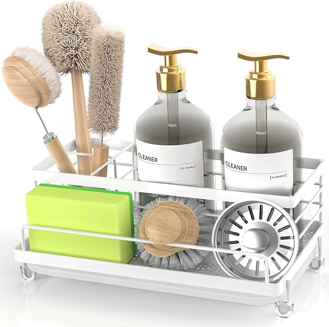 Cisily Sponge Holder for Kitchen, Sink Caddy Organizer, Kitchen Sink Accessories with Drip Tray, Rustproof and Non-slip Kitchen Sink Sponge Holder (White)