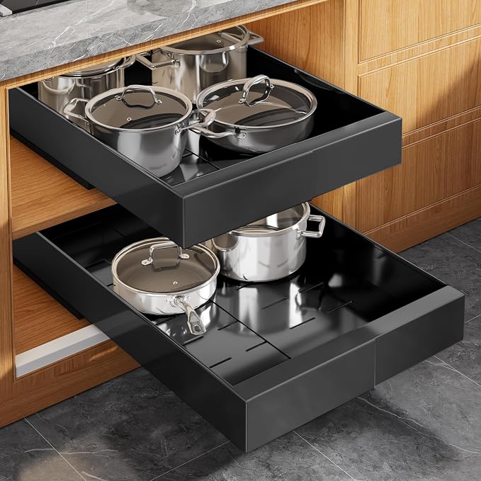 Seinloes 2 Pack Expandable Pull Out Cabinet Organizer 21" Deep with Raising Pad for Framed Cabinets,Upgrade 3 Slide Rails Slide Out Drawers,Roll Out Shelves Adhesive,Adjustable Width 9"-14.1" Black