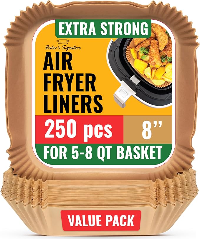 250 pcs Air Fryer Liners, Disposable Airfryer Paper Liners | Non-Stick and Oil Proof for Easy Cleanup, Great for Oven, Pans & Baking – 8" Square for 5-8 qt Basket by Baker's Signature