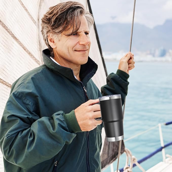 20 oz Stainless Steel Tumbler with Handle Metal Insulated Coffee Travel Mug with Handle Double Wall Tumbler Cup with Lid and Straw, Black 1 Pack