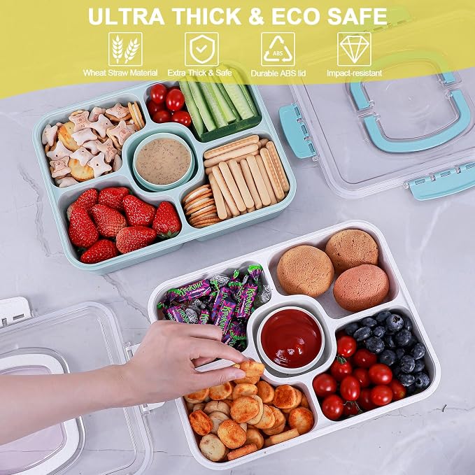 Large Snackle Box Container with Dip Container, 5 Compartments Snack Container with Lid and Handle, Veggie Fruit Divided Serving Tray for Party, Picnic, Dishwasher Safe, BPA-Free