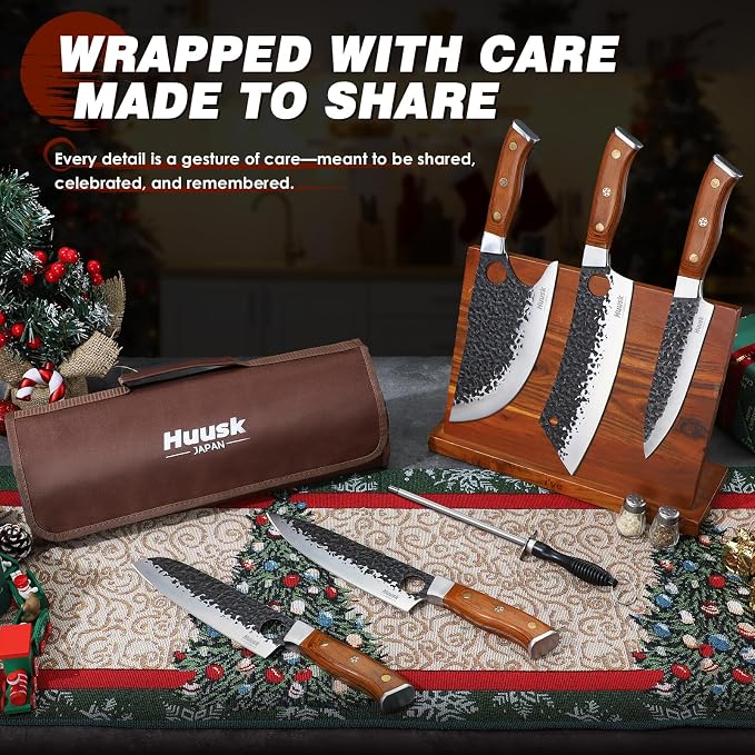 Huusk Butcher Knives for Meat, Hand Forged Carbon Steel Viking Kitchen Knife Set with Roll Bag, Meat Cleaver Chef Knife Sets for Cooking Camping BBQ, Gift for Men Husband | Japanese Craftsmanship, Viking Style, for Home Kitchen Outdoor BBQ Camping, wit...