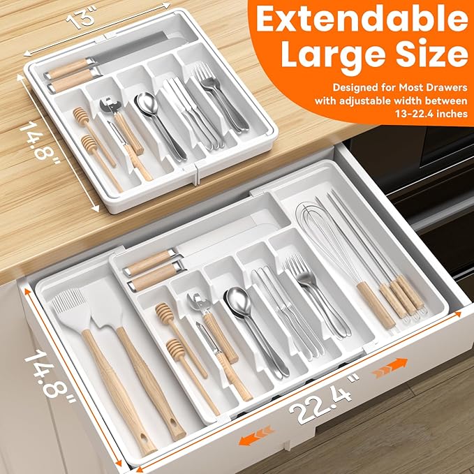 RoomHacks Large Silverware Organizer,Expandable Utensil Drawer Organizer,BPA Free Utensil Holder,Adjustable Silverware Tray Cutlery Drawer Organizer for Kitchen Flatware,Large,White (6-8 Slots)