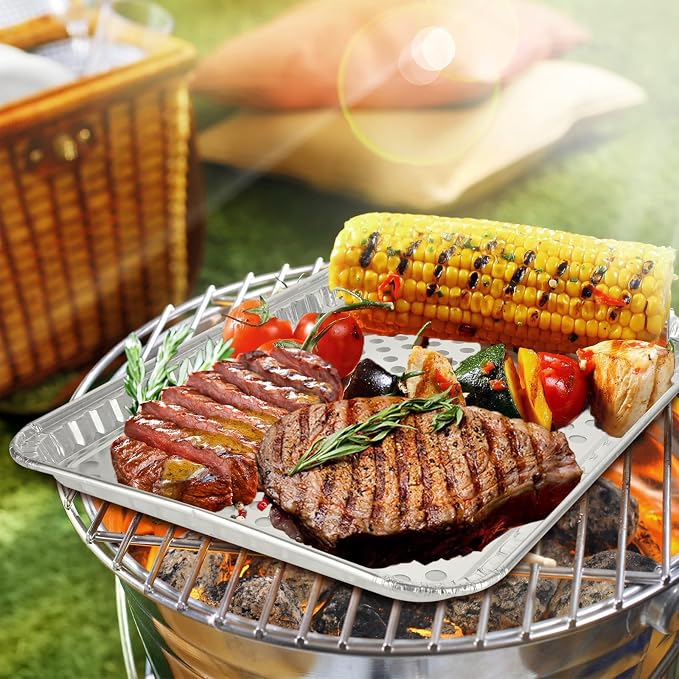 ABuff 20 Pack Disposable Aluminum Foil Grill Topper Pans with Holes, Perforated Grill Grate Liners Trays for Outdoor Grills, BBQ Grill Accessories for Outdoor Cooking and Camping, 16.2 x11.7 Inch
