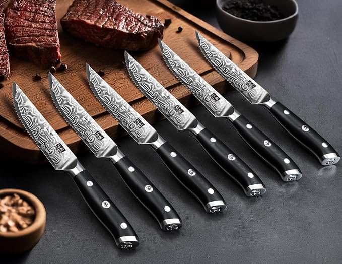 SHAN ZU Steak Knife of 7, 4.5 Inch Damascus Steak Knife Set with Block | Japanese High Carbon Steel Kitchen Serrated Knives Set with Ergonomic G10 Handle and Gift Box