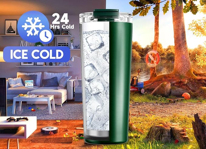 Meoky 24 oz Insulated Travel Coffee Mug: Leak Proof Lid, Evergreen | Stainless Steel Coffee Tumbler, Keeps Hot for 8 Hours or Cold for 24 Hours, Fits in Car Cup Holder, BPA Free