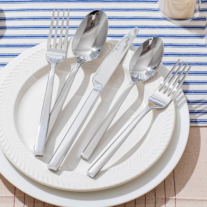 Silverware Set for 6, 30 Piece Flatware Set, Stainless Steel | Square Handles, Mirror Polished, Dishwasher Safe, Sturdy, for Home Kitchen, Weddings, Parties & Housewarming