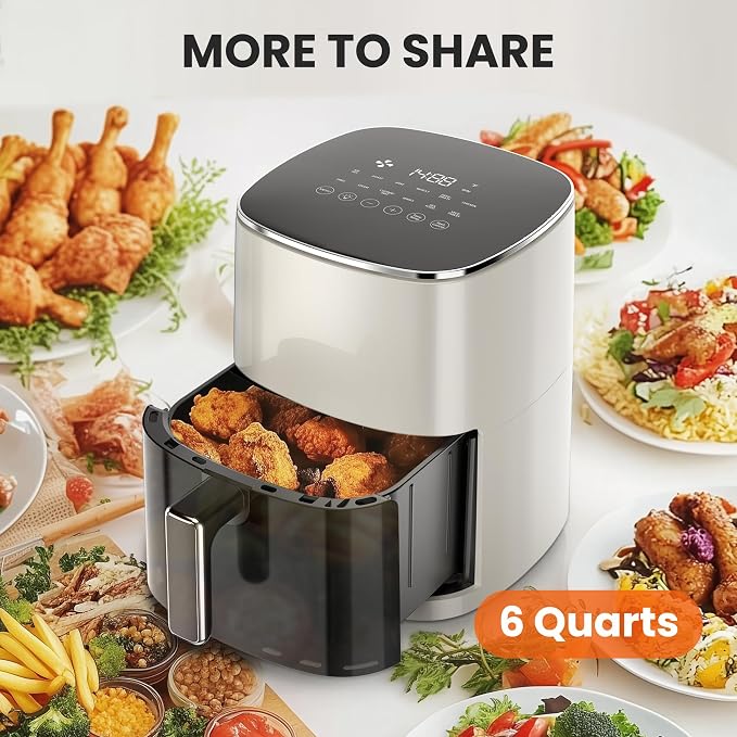 Sweetcrispy 6QT Air Fryer with Window, Square Airfryer Oven 12-in-1 for Family, 400°F Rapid Air Crispy Technology, Roast Bake Dehydrate, Nonstick & Easy-Clean Basket, Off-White