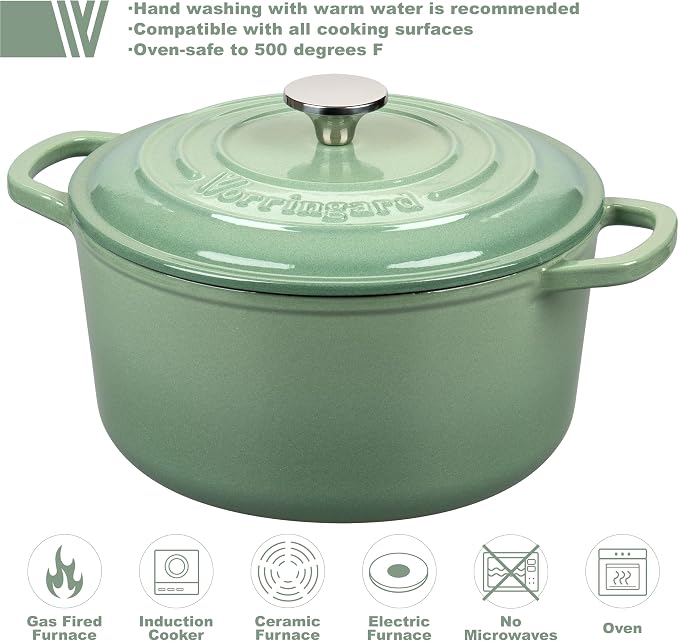 Enameled Cast Iron Dutch Oven Pot with Lid, for Sourdough Bread Baking, Round Dutch Ovens, 6 Quart, Sage green