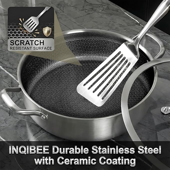 Inqibee 6 QT Saute Pan with Lid, 12 Inch Deep Frying Pan, Detachable Handle | Hybrid Ceramic Nonstick Cookware, Tri-Ply Stainless Steel Pan, Jumbo Cooker, Induction Cooking Pan, Dishwasher and Oven Safe