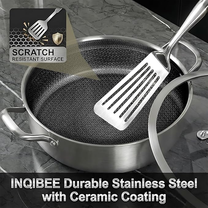 Inqibee 5 QT Saute Pan with Lid, 12 Inch Deep Frying Pan, Riveted Handle | Hybrid Ceramic Nonstick Cookware, Tri-Ply Stainless Steel Pan, PFOA Free, Induction Cooking Pan, Dishwasher and Oven Safe
