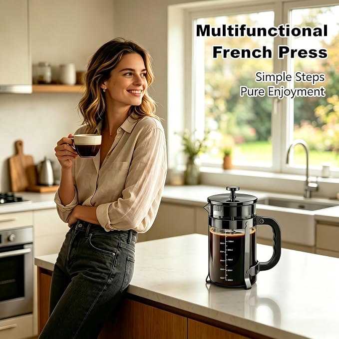 QUQIYSO French Press 51oz,Large French Press Thickened Glass Coffee Press | French Press Stainless Steel,Large Capacity Coffee Maker,Easy to Clean,4 Filter,Suitable for Party Home Office(Dark Pewter)