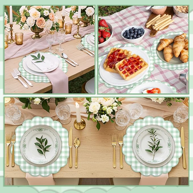 60 Pcs Sage Green Gingham Paper Placemats, Scalloped Checkered Place Mats | 13.5 Inch Disposable Placemat Decorative Paper for Table Setting BBQ Baby Shower Wedding Bridal Banquet Tea Party