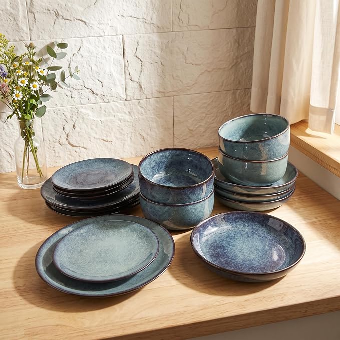 Ceramic Dinnerware (16 pcs) Serve 4 people, Plates and Bowls Sets, Reactive Glaze Dishes Set, Chip Resistant and Scratch Resistant, Dishwasher Microwave Safe, Suitable for dinner, parties