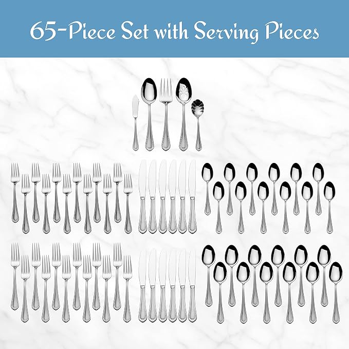 Mikasa Regent Bead 65-Piece Flatware Set for 12, 18/10 Stainless Steel Silverware with Beaded Teardrop Handles, Includes Serving Utensils, Dishwasher Safe (Pack of 2)