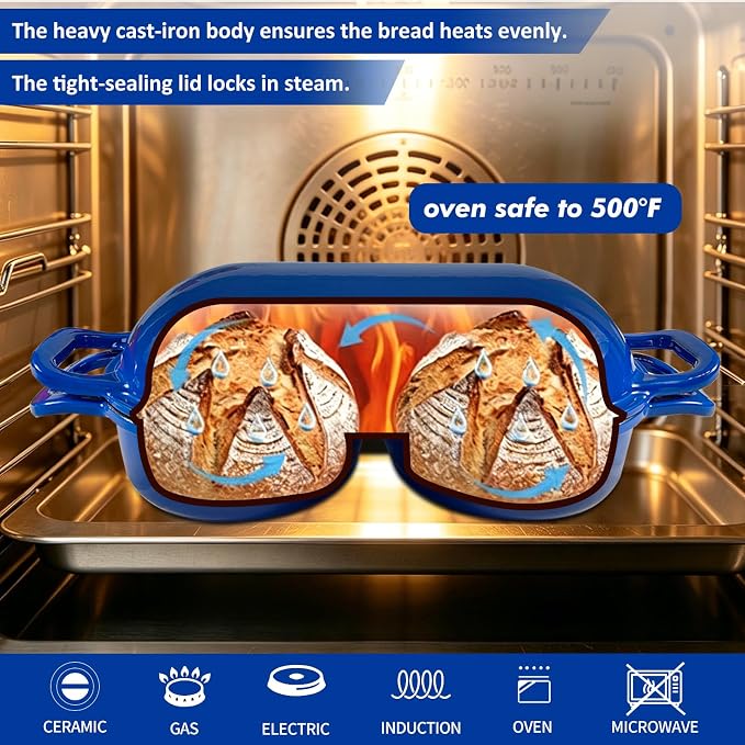 Enameled Cast Iron Bread Oven with Lid, 2.7 QT Double Loaf Dutch Oven for Sourdough Bread Baking, Dual Bread Pan for Artisan Homemade Bread, Even Heat Distribution, Oven Safe to 500°F