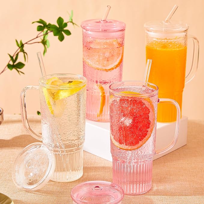 JunVpic Glass Tumbler, 24 oz Glass Cup with Lid, Straw and Handle | Pink glass design, Hammered Texture, reusable straw and lid for iced coffee, tea, smoothies and hot & cold drink