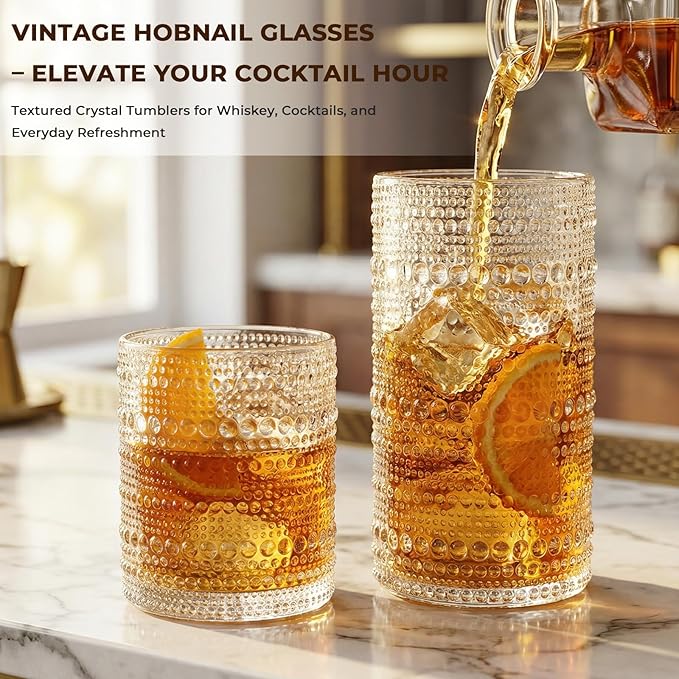 CycleMore Set of 12 Vintage Hobnail Drinking Glasses, 12 oz Highball Glasses & 10 oz Cocktail Glasses, Bar Tumbler Glassware for Water, Juice, Beer, Whiskey, Cocktail, Smoothie