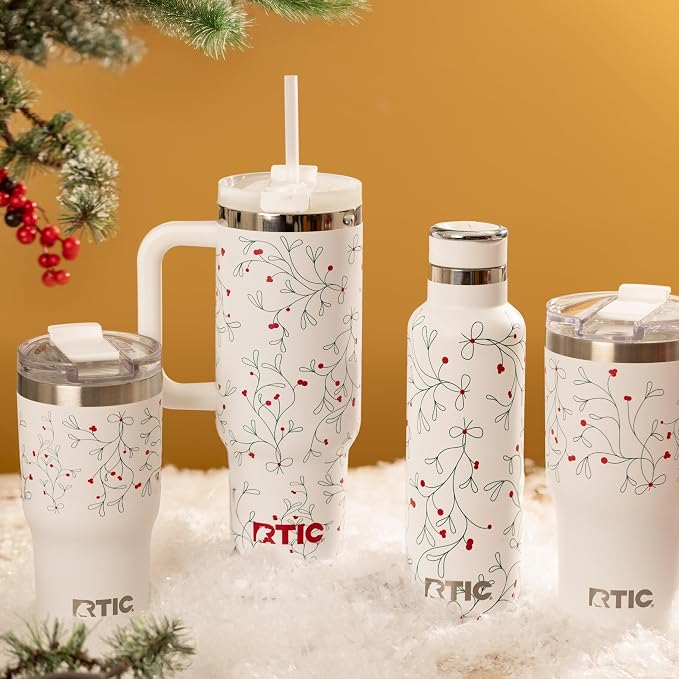 RTIC 30 oz Road Trip Tumbler Double-Walled Ceramic Lined InsulatedStainless Steel Portable Travel Coffee Mug Cup with Lid, Handle and Straw, Mistletoe