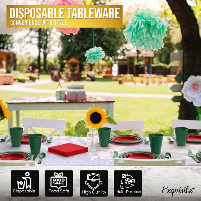 350 Pcs Christmas Plastic Plates For Party, Red & Green Disposable Plates Set, 50 Of Each 9" Dinner Plate Set, 7" Dessert Plate, Cups, Napkins & Cutlery Plastic Dinnerware Exquisite