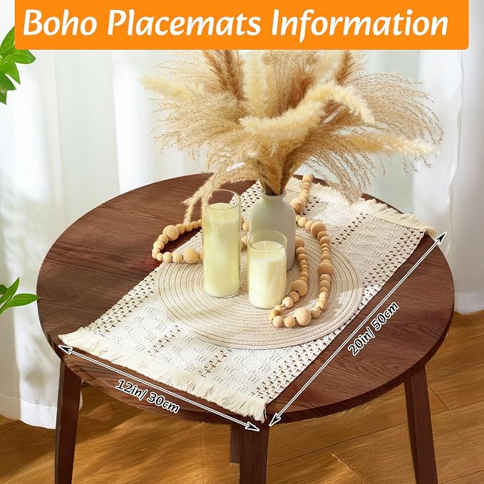 6 Sets Boho Decoration Placemats Round Woven Placemats, Cloth Napkins, Wood Bead Napkin Rings, Long Table Runner and Farmhouse Burlap Cotton for Table Kitchen (White,12x72)