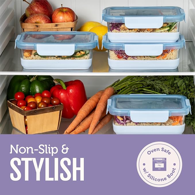 Ello Duraglass Refresh 3.4 Cup Meal Prep Containers, 10 Pc, Everest | Glass meal prep container set with silicone boots, airtight leakproof BPA-free lids, microwave, freezer & dishwasher safe
