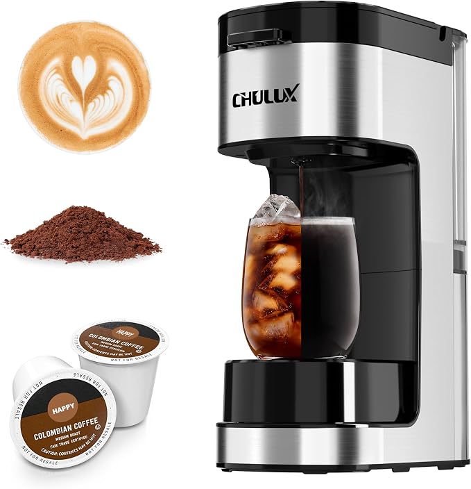 CHULUX SoloBrew Single Serve Coffee Maker for K Cup Pod with Ground Filter | 3 Brew Sizes with Strong & Over Ice Buttons, 14 oz Removable Water Tank, 1000 Watts Instant Heating, Stainless Steel Housing