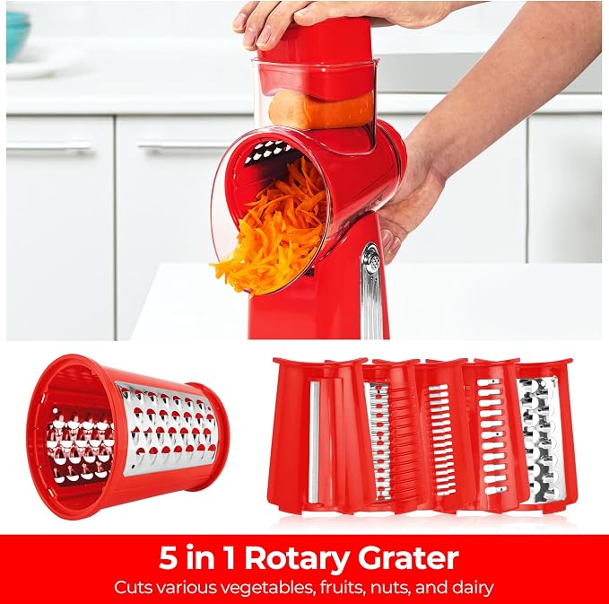 SUSTEAS Rotary Cheese Grater 5 Blades,Kitchen Mandoline Vegetable Slicer | Red, Easy to Clean, Strong Suction Base, 5 Blades Storage Box, Round Mandoline Slicer & Food Chopper for Salad