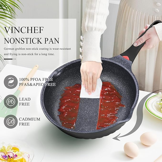 Vinchef 11 Inch/5QT Durable Deep Nonstick Skillet with Lid, Black | deep frying pan,heat indicator.Anti-scratch, anti-stain, induction-compatible, easy clean, ideal for sautéing & frying.