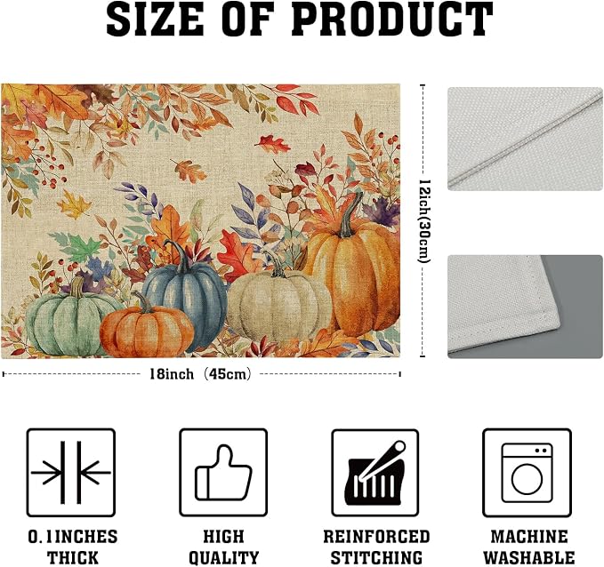 Fall Thanksgiving Placemats Set of 6 18x12 Inch Autumn Pumpkins Maple Leaves Linen Place Mats Heat-Resistant Washable Wipeable Table Mat for Party Kitchen Dining Room Dinner Table Decor