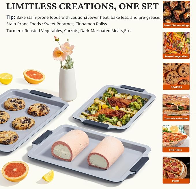 BRONYPRO Non Stick Ceramic Baking Sheet Pan Set of 3, Non Toxic Cookie Sheets (PFOA/PTFE Free), Aluminized Steel Oven Trays with Silicone Handles, Rust-Resistant, Warp-Resistant to 500°F, Blue Gray
