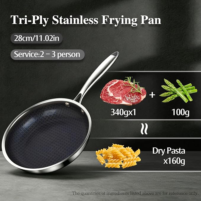 BRASA Nonstick Frying Pan 11.02-inch,Tri-Ply Stainless Steel Skillet,Honeycomb Ceramic Coating, Induction & All Cooktop Compatible,Dishwasher safe (PFOS, PFOA Free) 11.02 in