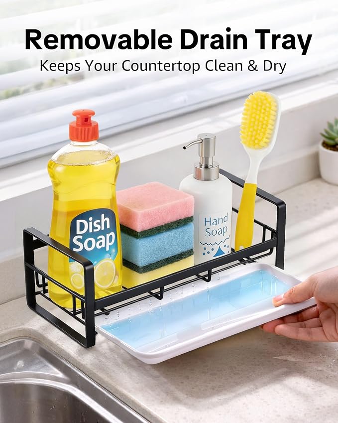 HULISEN Large Kitchen Sponge Holder, 304 Stainless Steel Sink Caddy, Black | Removable Drain Tray, Holds Sponges Soap Bottles Brushes, Countertop Storage, No Dispenser or Brush