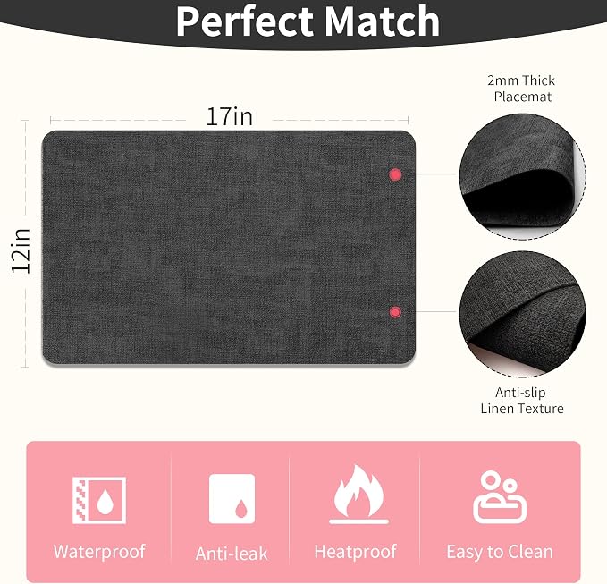 Maxpearl Faux Leather Placemats Set of 8, Easy to Clean, Dark Grey | Waterproof - Heat Resistant - Non Slip - Wipe Clean Dining Table Place Mats, Suitable for Indoor & Outdoor Use, 17''×12''