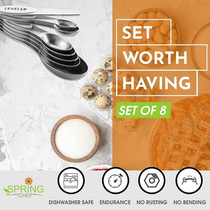 Spring Chef Stainless Steel 8 Magnetic Measuring Spoons for Kitchen, White | Dual Sided Metal Teaspoon & Tablespoon Measuring Spoons w/ Leveler for Dry & Liquid Ingredients, Nesting, Fits in Spice Jars