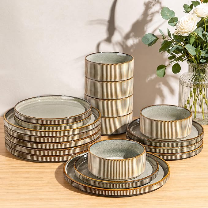 GBHOME Stoneware Dinnerware Sets for 6, 18-Piece Plates and Bowls Set | Handmade Reactive Glaze Ceramic Dish Set, Scratch Resistant, Dishwasher&Microwave Safe,Green Wheat