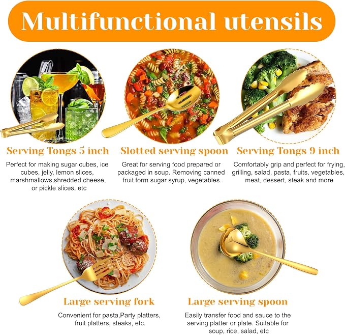 12 Pieces Gold Serving Utensils, Stainless Steel Cooking Utensils Set, Include Serving Spoons, Slotted, Spoons, Forks, 2 Sizes Tongs, Soup Ladle and Pie Cake Server for Kitchen Restaurants Buffet