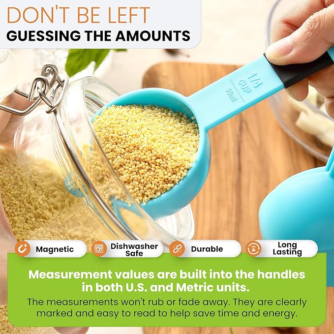 Spring Chef Magnetic Measuring Cups and Spoons Set of 9 - Aqua Sky | for Dry & Liquid Ingredients - Food Safe & BPA Free - Nesting Design - Dishwasher Safe