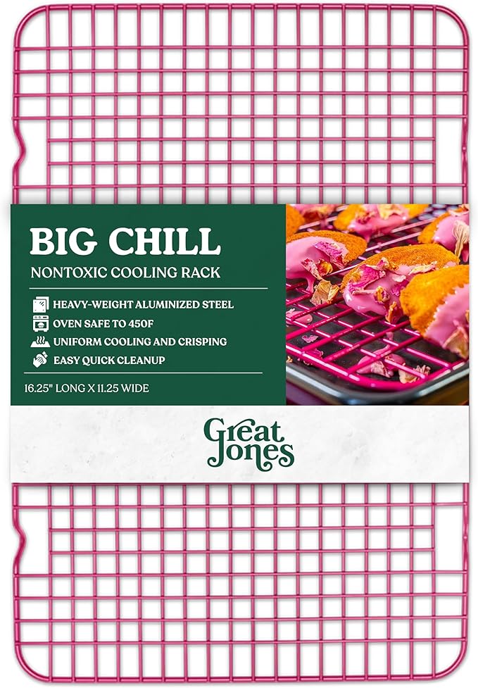 Great Jones Non Stick Wire Cooling Rack (Raspberry) – Fits Half Sheet | 16.9" × 11.4" Non Toxic Baking Rack, Heavy-Weight Aluminized Steel, Oven Safe 450 °F, Bacon & Cookie Cooling Rack