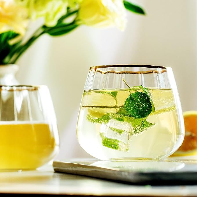 Lysenn Stemless Wine Glasses Set of 4, Red and White Wine, Gold Rim, 11.8oz | Hand Blown, Premium Quality, for Dinner Table, Celebration, Holiday Entertaining, Bar Carts and Home Bars, Ideal Wedding Gift